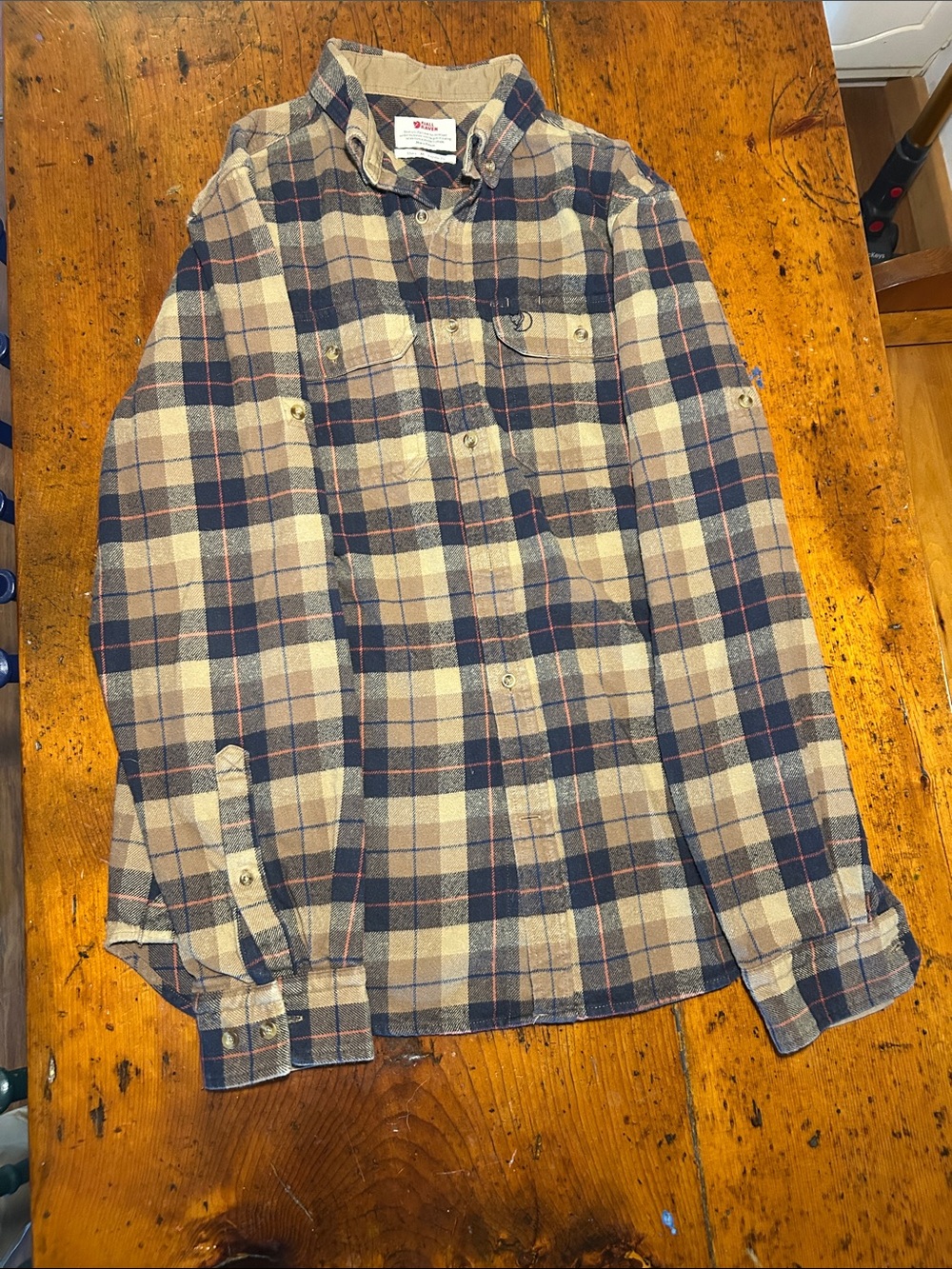 Men's Fjallraven Plaid Button-Down Shirt in Beige and Navy and Orange
